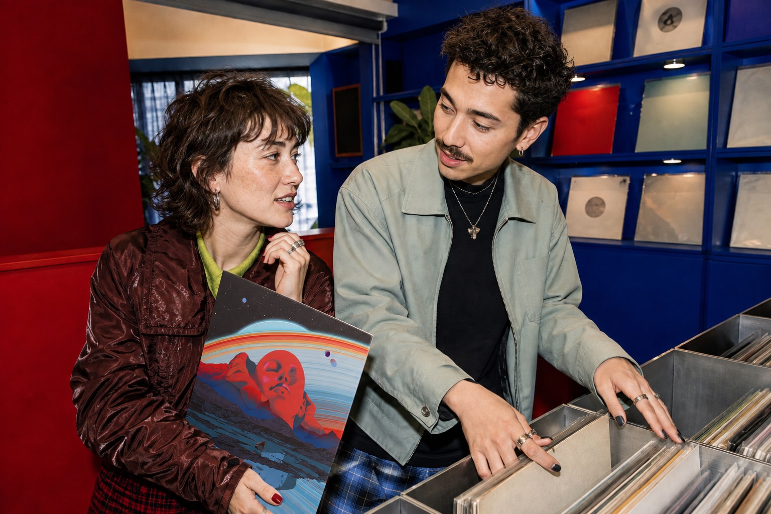 Two friends share a Hiver record while digging together in a colourful record shop